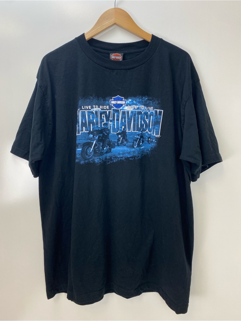 Harley-Davidson Black T-Shirt with Blue Motorcycle Graphic